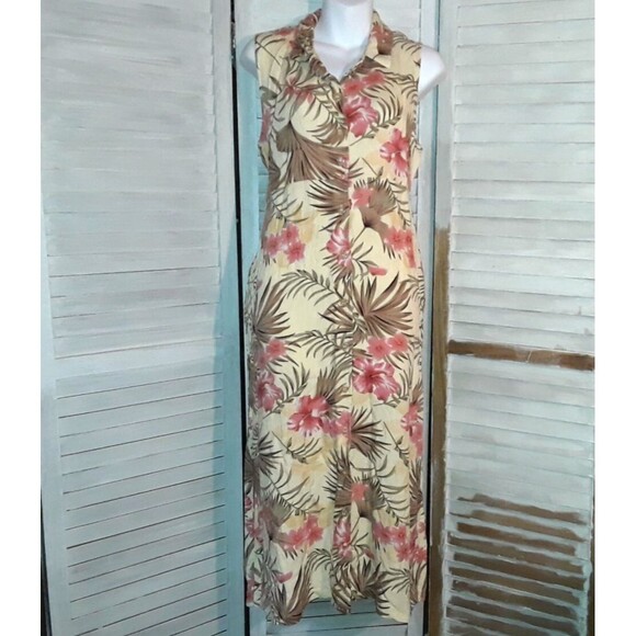 Bahama Beach Floral Dress Size L Sleeveless Midi Maxi Pockets Hawaiian Resort - Picture 1 of 10